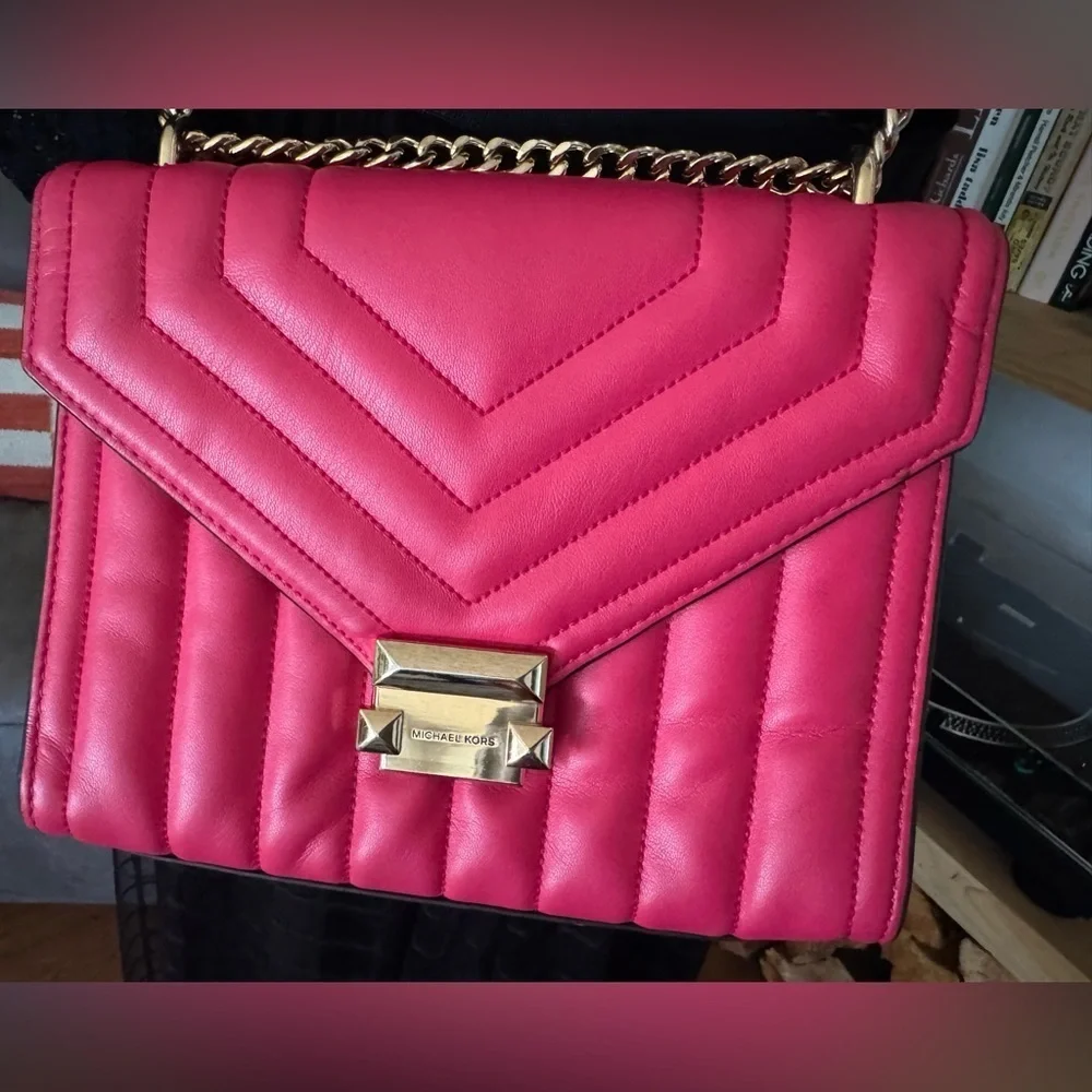 Michael Kors Whitney Medium Flap Chain Shoulder Bag Handbag Purse Electric Pink